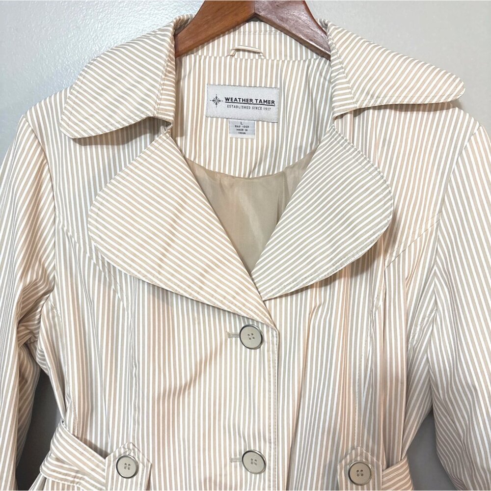 Weather Tamer Womens Beige & White Striped Trench Coat L Double-Breasted Belted - Picture 2 of 6